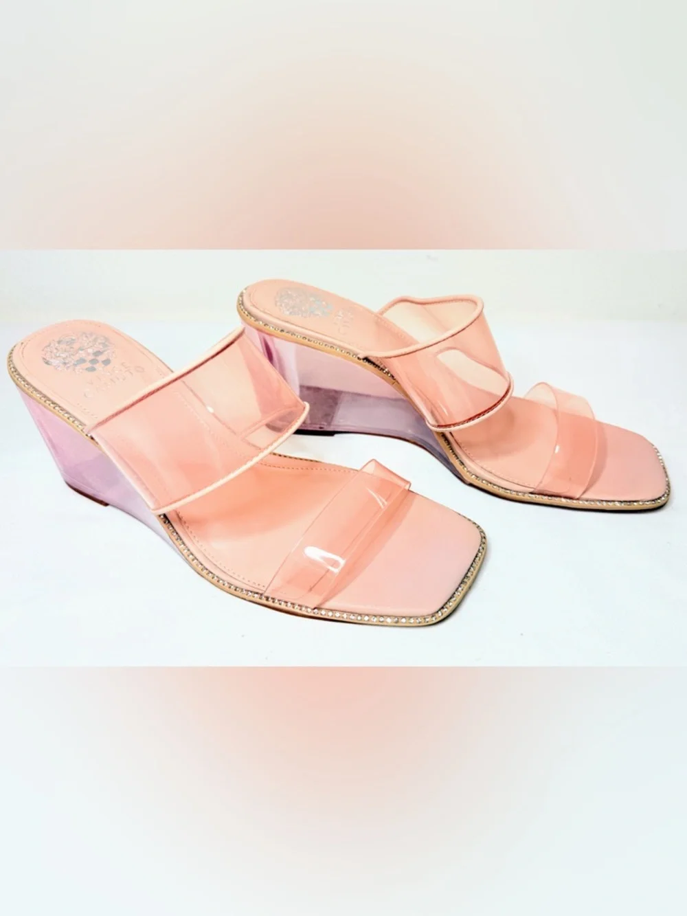 Vince Camuto Clear Pink Wedge Sandals Rhinestone Trim Size 9